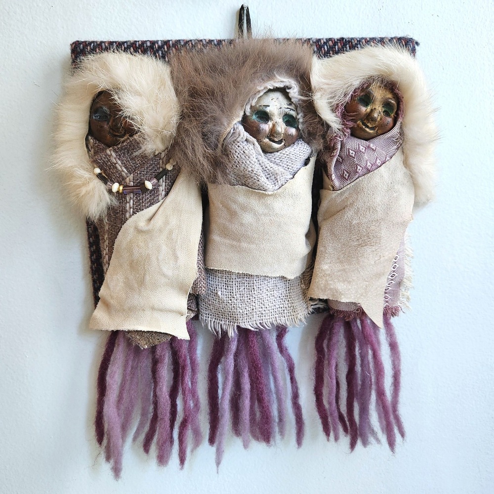 Vintage Handcrafted Inuit Folk Art Figures Wall Hanging Fur Textile Mixed Media